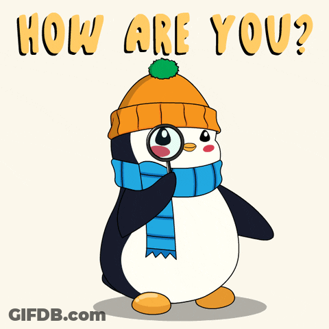 A Penguin With A Magnifying Glass And The Words How Are You Behind Him GIF