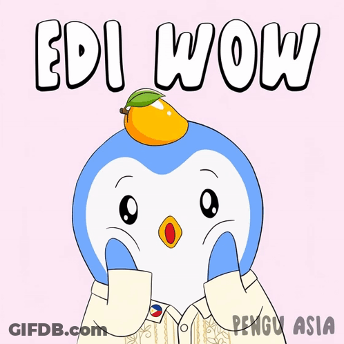 A Penguin With A Mango On Its Head And The Words Edi Wow Behind It GIF