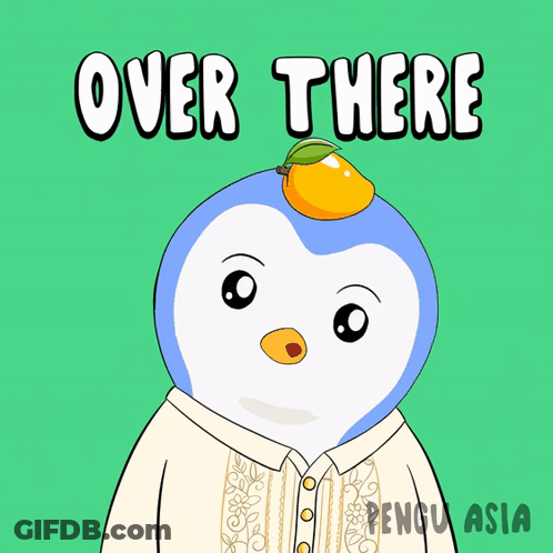 A Penguin With A Mango On Its Head And The Words Over There Above It GIF