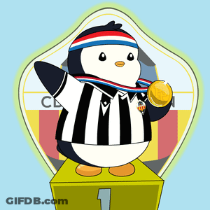 A Penguin With A Medal Around Its Neck Is On A Podium With The Number 1 On It GIF