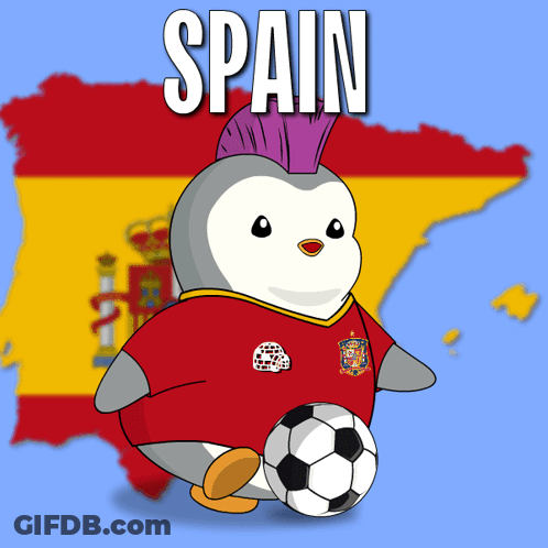A Penguin With A Mohawk Is Holding A Soccer Ball In Front Of A Spain Map GIF