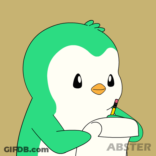 A Penguin With A Pencil In Its Beak Is Holding A Piece Of Paper That Says Abster GIF