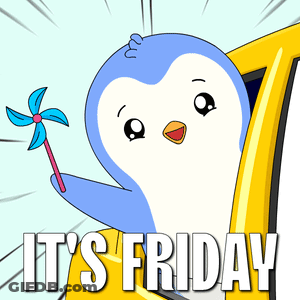 A Penguin With A Pinwheel And The Words It 'S Friday Behind It GIF