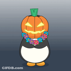 A Penguin With A Pumpkin On Its Head And Flowers Around His Neck GIF