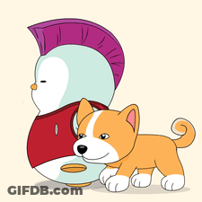 A Penguin With A Purple Mohawk Stands Next To A Small Dog GIF
