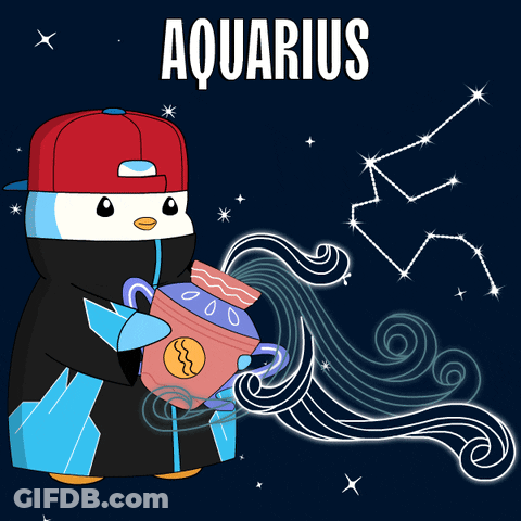 A Penguin With A Red Hat Is Holding An Aquarius Bucket In Front Of A Constellation GIF