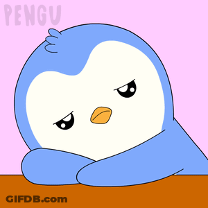 A Penguin With A Sad Look On Its Face Is On A Pink Background With The Word Pengu GIF
