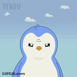 A Penguin With A Sad Look On Its Face Is Standing In Front Of A Blue Sky With The Word Pengu Above It GIF