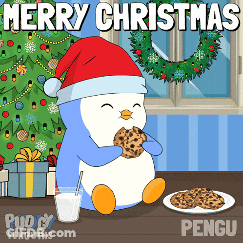 A Penguin With A Santa Hat Is Eating A Cookie GIF