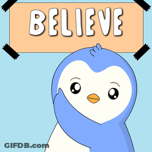 A Penguin With A Sign That Says Believe Above It GIF
