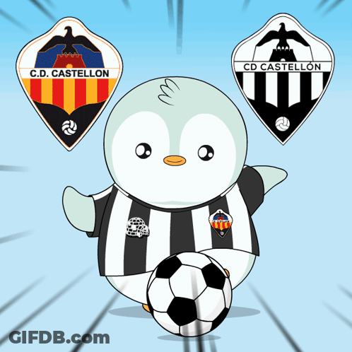 A Penguin With A Soccer Ball In Front Of Two Logos For C.d. Castellon And C.d. Castellon GIF