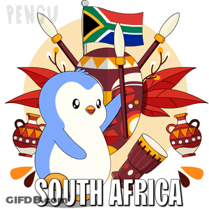 A Penguin With A South Africa Flag And A Drum GIF