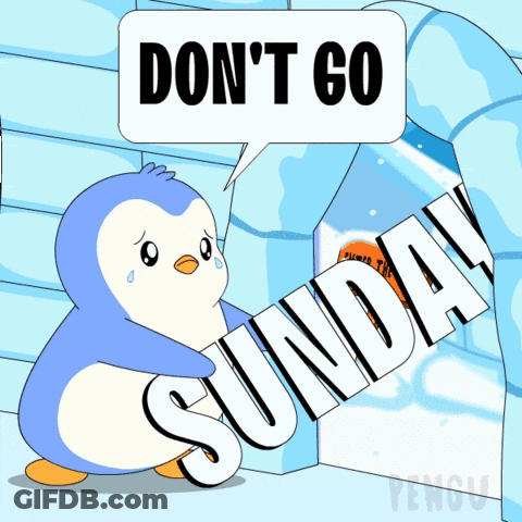 A Penguin With A Speech Bubble That Says " Don 'T Go Sunday " GIF