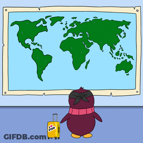 A Penguin With A Sticker On His Suitcase That Says " I Love Fish " GIF