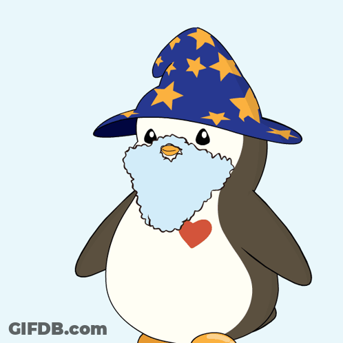 A Penguin With A Wizard Hat And Beard Has A Heart On His Chest GIF