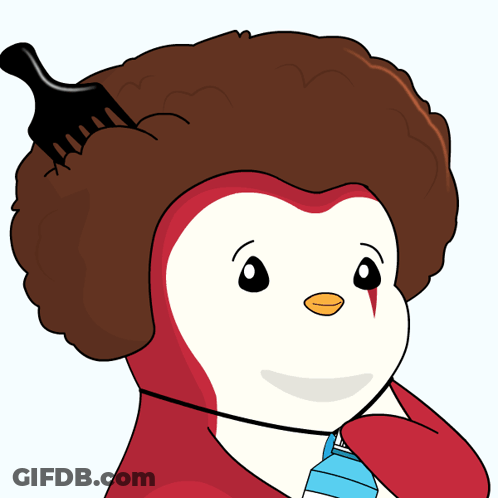 A Penguin With An Afro And The Words Hey Look At Us Behind It GIF