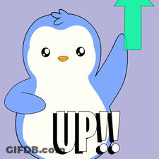 A Penguin With An Arrow Pointing Up And The Word Up On Its Chest GIF