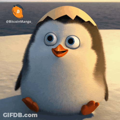A Penguin With An Egg On Its Head Is Sitting On A Snowy Surface With A Bitcoin Mango Logo In The Background GIF