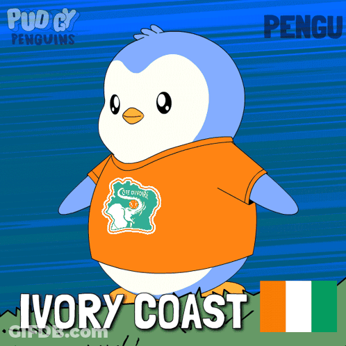 A Penguin With An Orange Shirt That Says Ivory Coast On It GIF