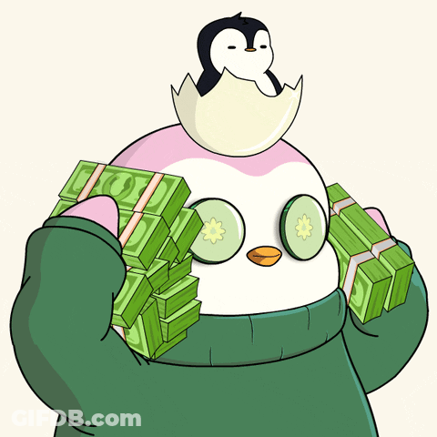 A Penguin With Cucumber Slices On His Eyes Holds A Pile Of Money GIF