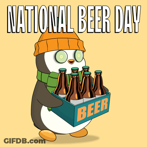 A Penguin With Cucumber Slices On His Eyes Is Carrying A Box Of Beer GIF