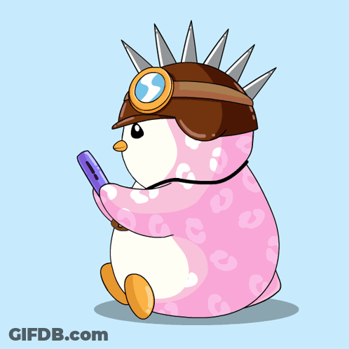 A Penguin With Hearts In Its Eyes Is Holding A Cell Phone And A Heart With The Letter P On It GIF