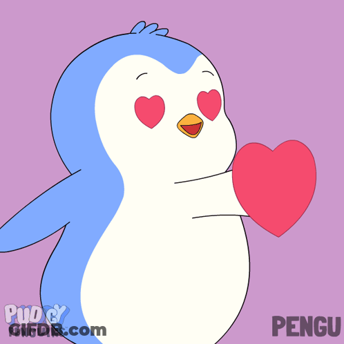 A Penguin With Hearts In Its Eyes Is Holding A Heart And The Word Pengu Is On The Bottom Right GIF