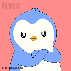 A Penguin With Its Arms Crossed Is On A Pink Background With The Word Pengu Above It GIF