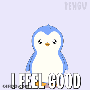 A Penguin With Its Arms Outstretched And The Words I Feel Good Below It GIF