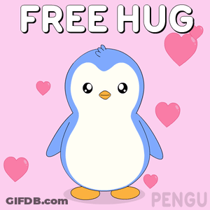 A Penguin With Its Arms Outstretched Is Surrounded By Pink Hearts And Says Free Hug GIF