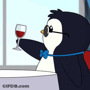 A Penguin With Sunglasses And A Bow Tie Is Holding A Glass Of Wine GIF