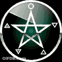 A Pentagram In A Circle With Triangles Around It On A Black Background GIF