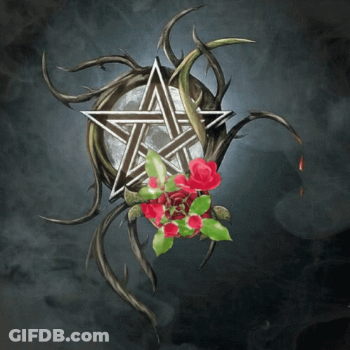 A Pentagram Surrounded By Thorns And Red Roses On A Dark Background GIF