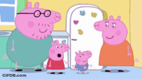 A Peppa Pig Family Standing In Front Of A Door With Hearts On It GIF