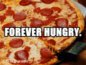 A Pepperoni Pizza With The Words Forever Hungry Written Above It GIF