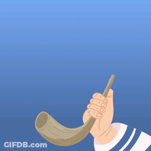 A Person Blowing A Horn With A Speech Bubble That Says Happy 5782 GIF