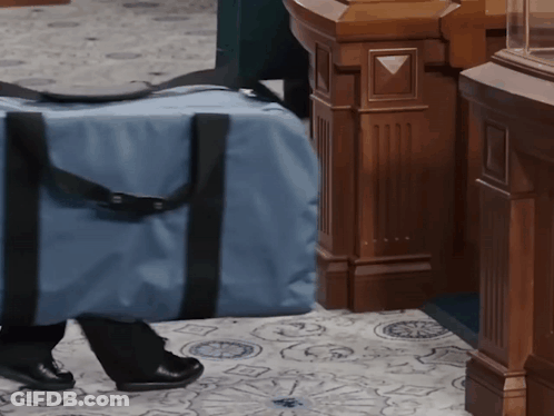 A Person Carrying A Blue Bag In A Room GIF