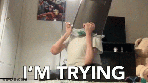 A Person Covering Their Face With A Box And The Words I 'M Trying GIF