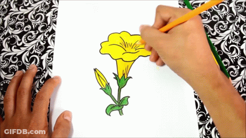 A Person Drawing A Yellow Flower With A Green Stem GIF