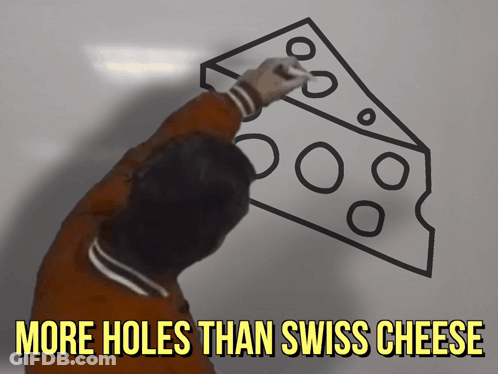 A Person Draws A Slice Of Swiss Cheese On A Whiteboard With The Caption More Holes Than Swiss Cheese GIF