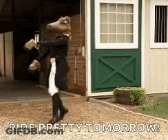 A Person Dressed As A Horse Is Standing In Front Of A Stable . GIF