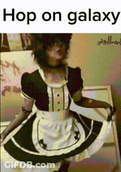 A Person Dressed As A Maid With The Words Hop On Galaxy Above GIF