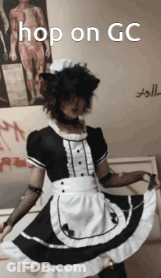 A Person Dressed As A Maid With The Words Hop On Gc Written On The Bottom GIF