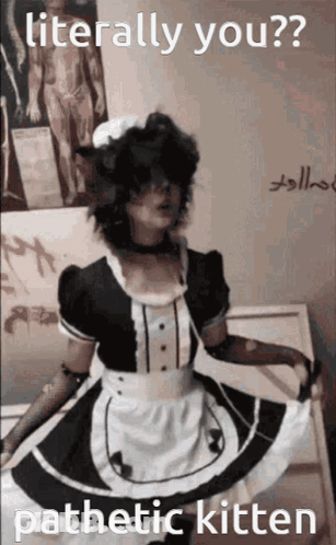 A Person Dressed As A Maid With The Words Literally You Pathetic Kitten Written On The Bottom GIF