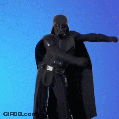 A Person Dressed As Darth Vader From Star Wars Is Dancing Against A Blue Background . GIF