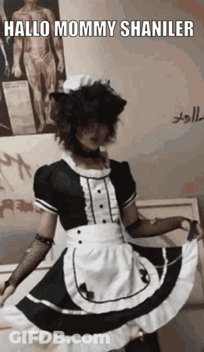 A Person Dressed In A Maid Costume With The Words Hallo Mommy Shaniler Above Them GIF