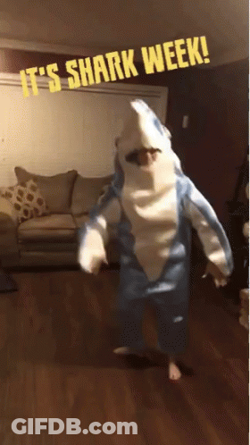 A Person Dressed In A Shark Costume With The Words It 'S Shark Week Behind Them GIF