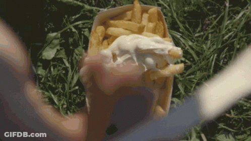 A Person Holding A Bag Of French Fries With Mayonnaise On Top GIF