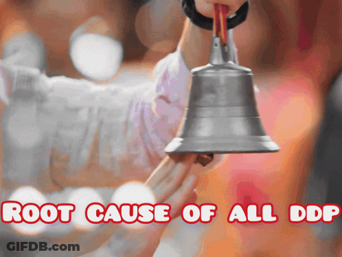 A Person Holding A Bell With The Words " Root Cause Of All Ddp " Below It GIF