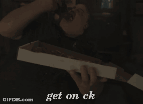A Person Holding A Box That Says " Get On Ck " On It GIF